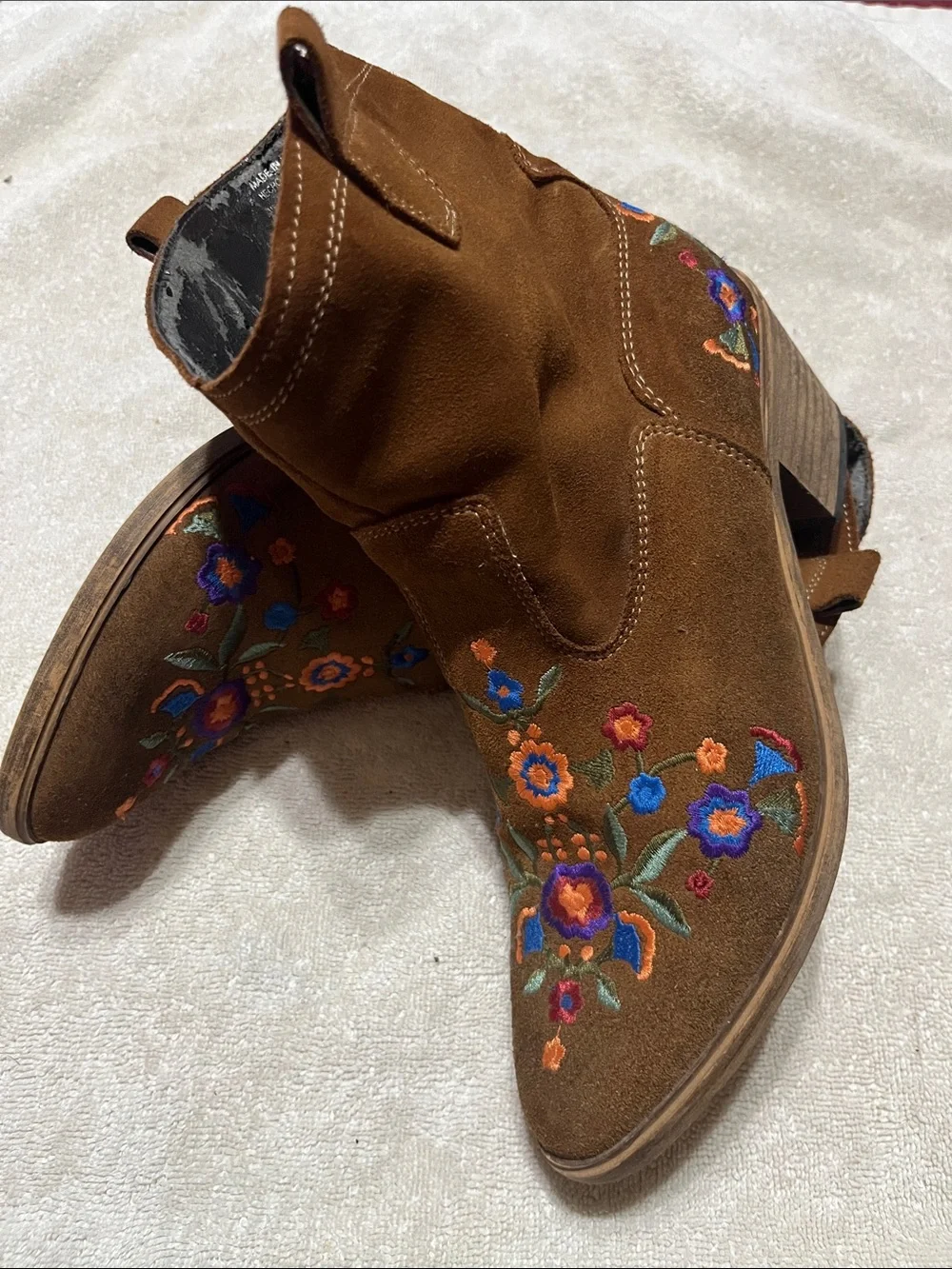 Brown Embroidered Suede Western Ankle Boots - Women